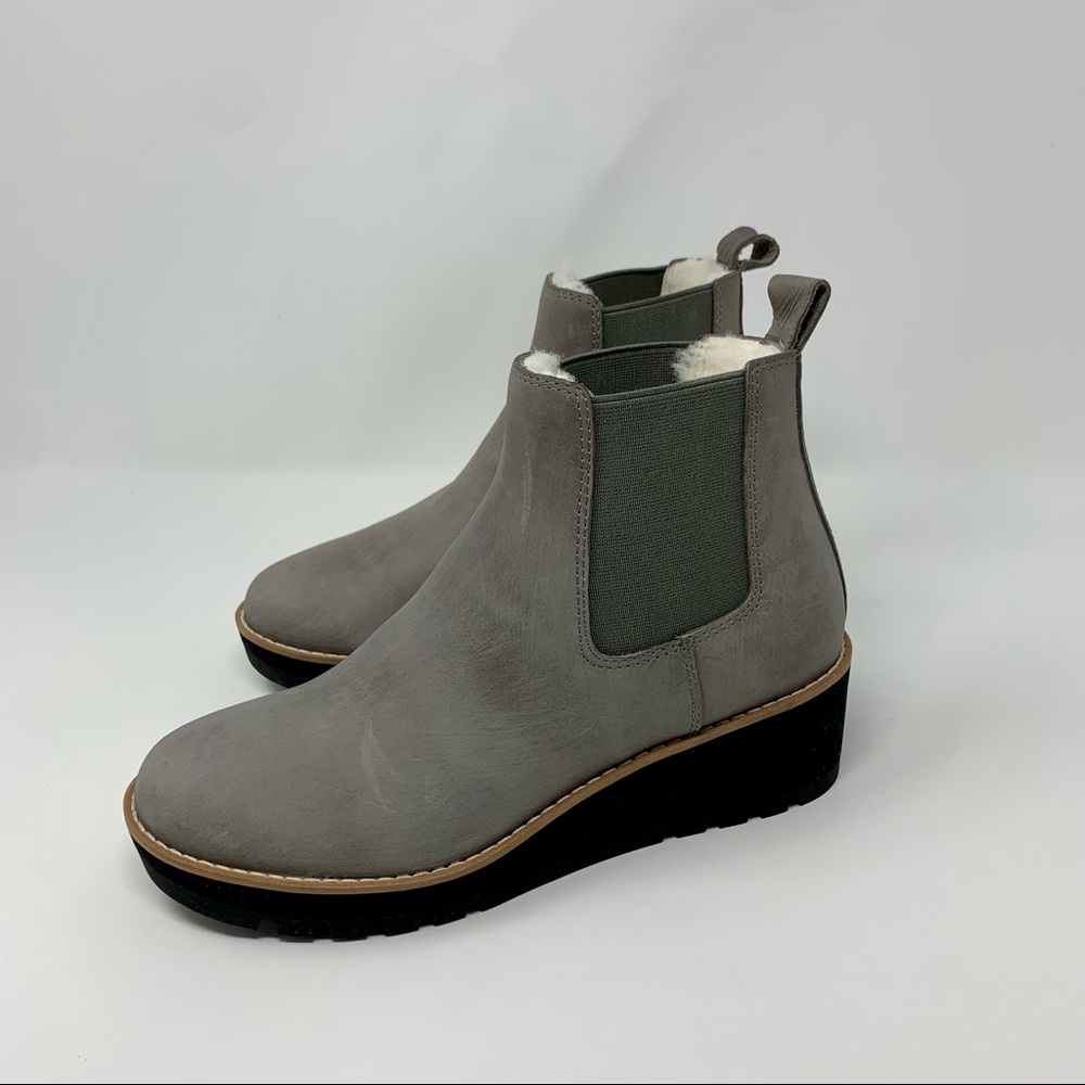 Eileen Fisher Gray Leather Genuine Shearling Chelsea Wedge Ankle Boots